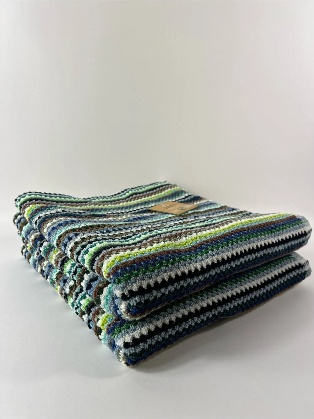 Deborah Connolly Bath Towels Boho Striped Bright Teal Green Blue Soft 2 Pc NEW